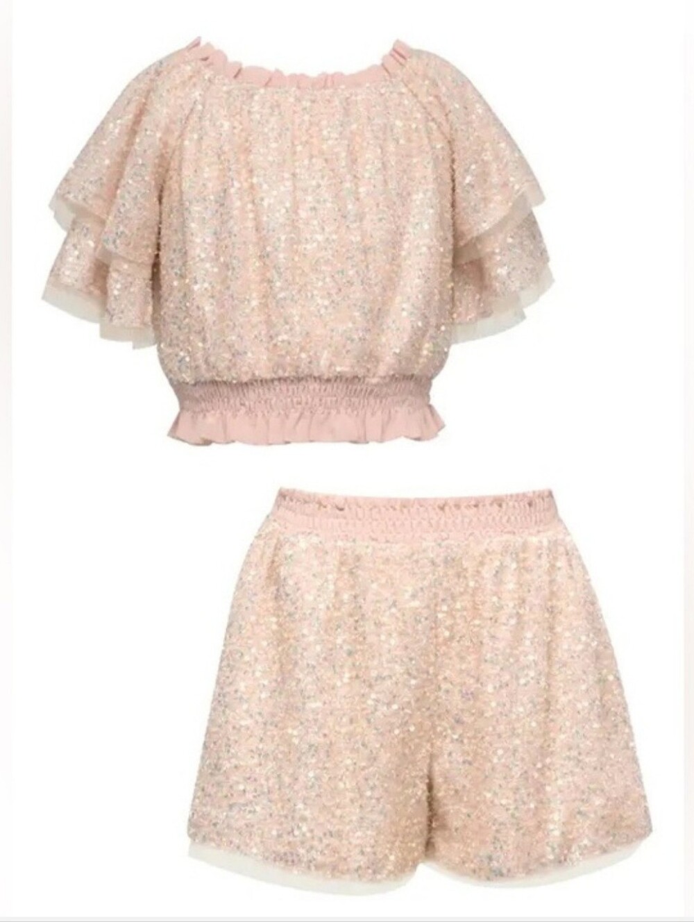 Hannah Banana Rose Pink Sequin Crop Top & Shorts Set Girls Size 10 Nwt
